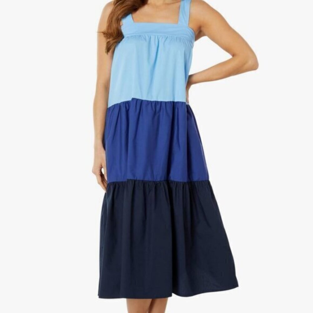 Moon River Sleeveless Multicolored Blue Tiered Midi Dress Color Block